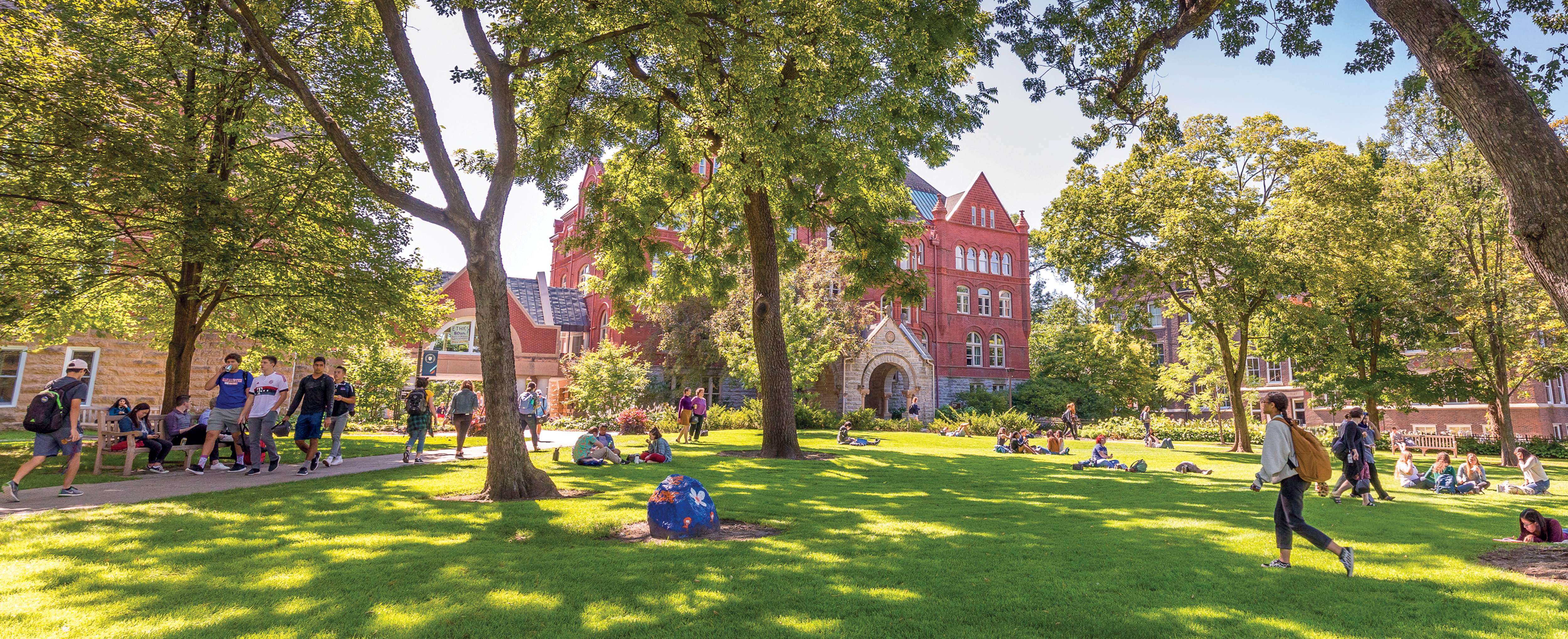 Macalester College Great Lawn in the spring with students